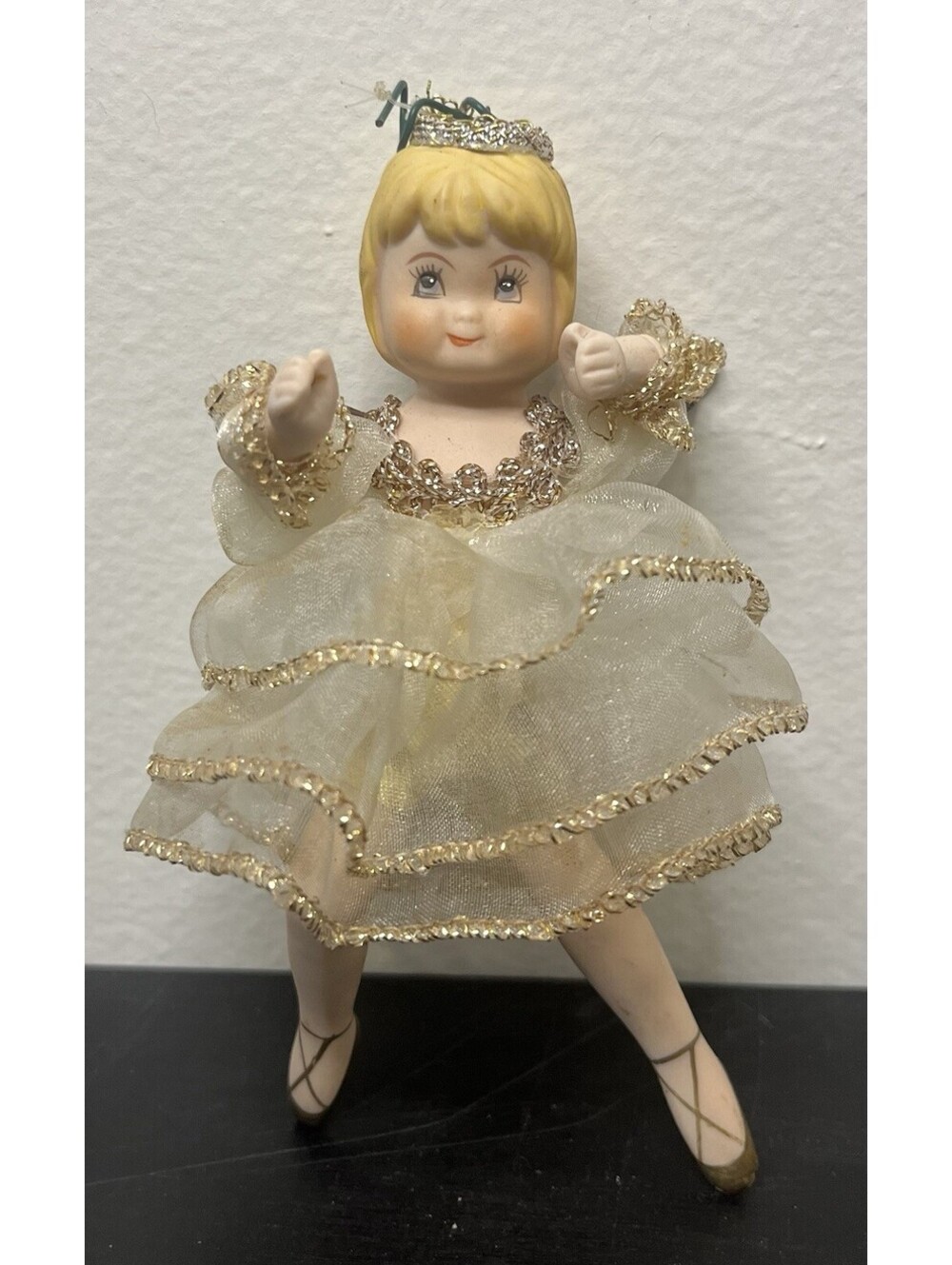 Vintage Porcelain Hanging Christmas Angel Ornament Blonde Hair White/Gold Dress